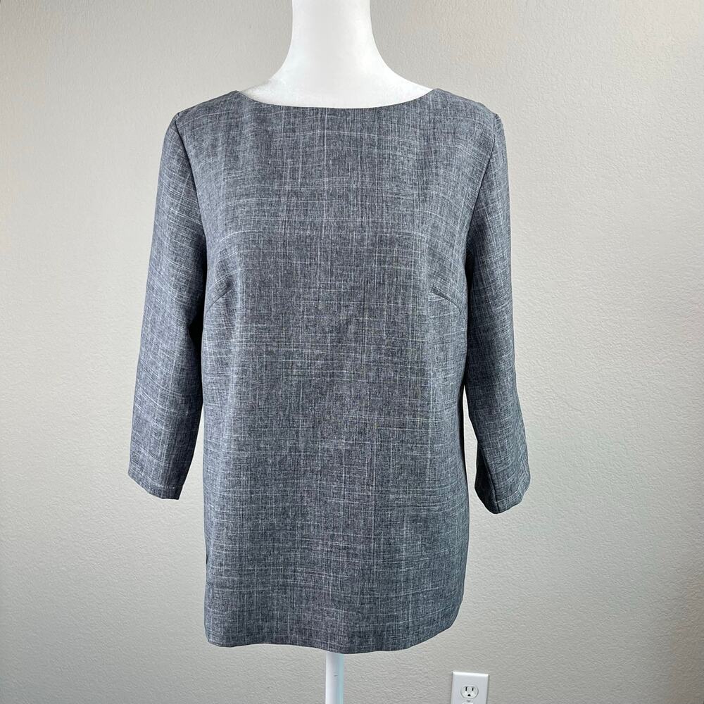 Laura Bettini Gray Textured Linen Cotton 3/4 Sleeve Blouse Top Work Office L